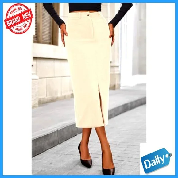 Corduroy Pencil Skirt High Waisted Midi Elegant Work Office Chic Fall Winter